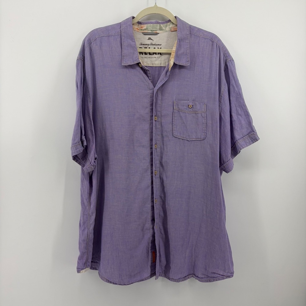 Tommy Bahama Relax Shirt Purple XXL 100% Linen Island Modern‎ Fit Short Sleeve